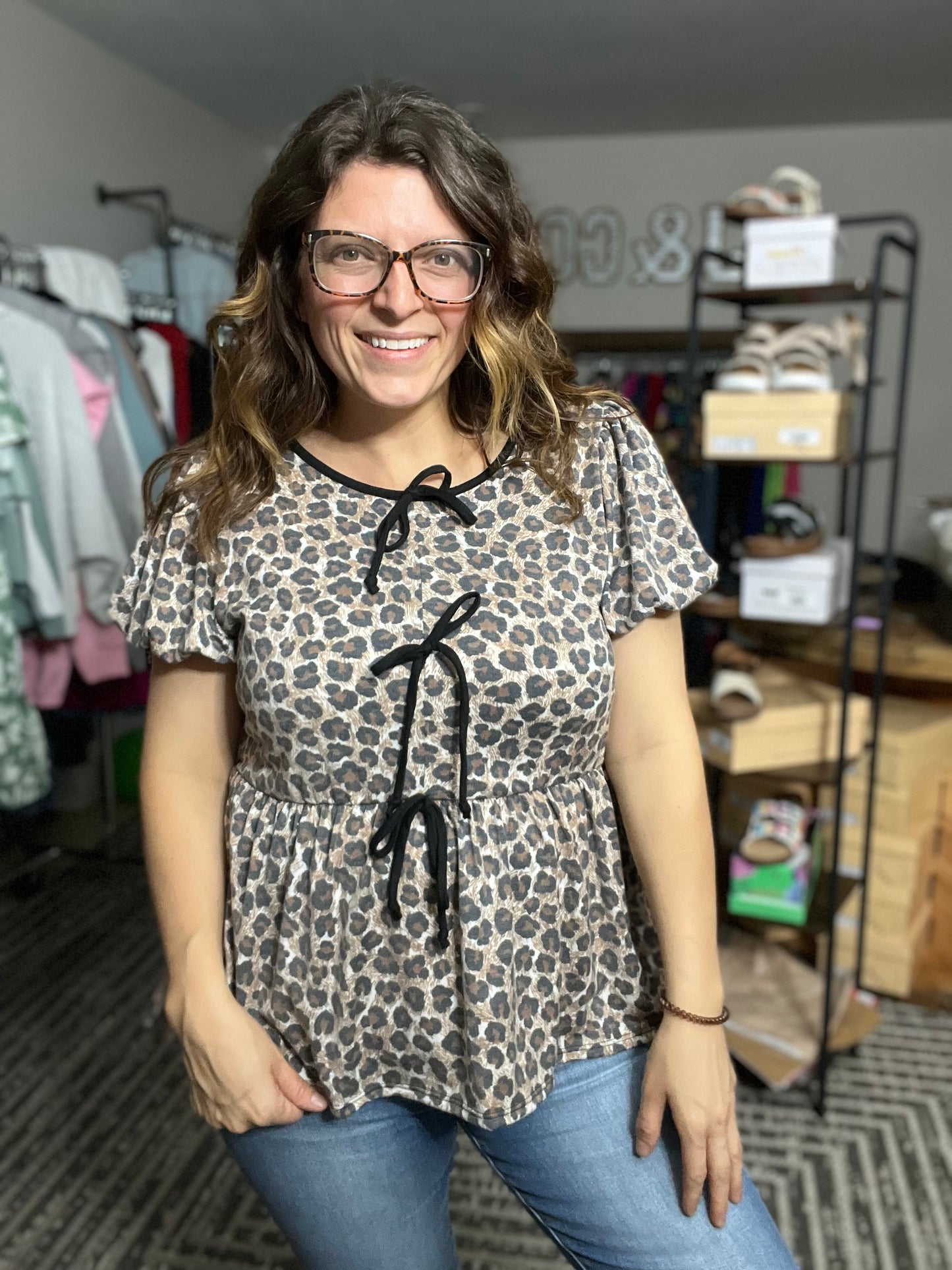 Animal Print Bubble Sleeve Bow Top