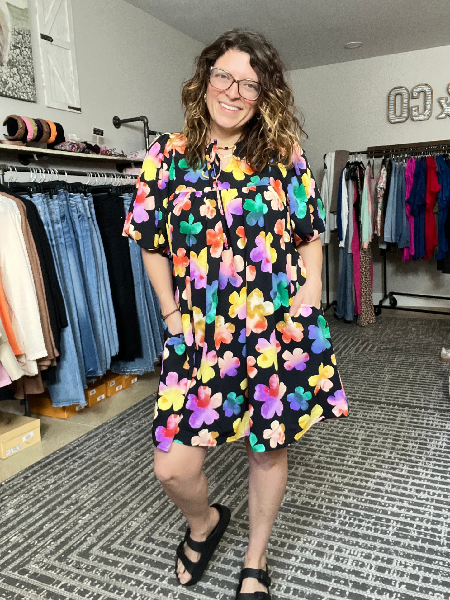 Bold Floral Balloon Bubble Sleeve Dress