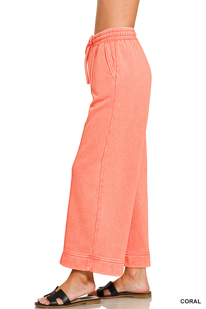 Acid Wash Fleece Pintuck Cropped Pant