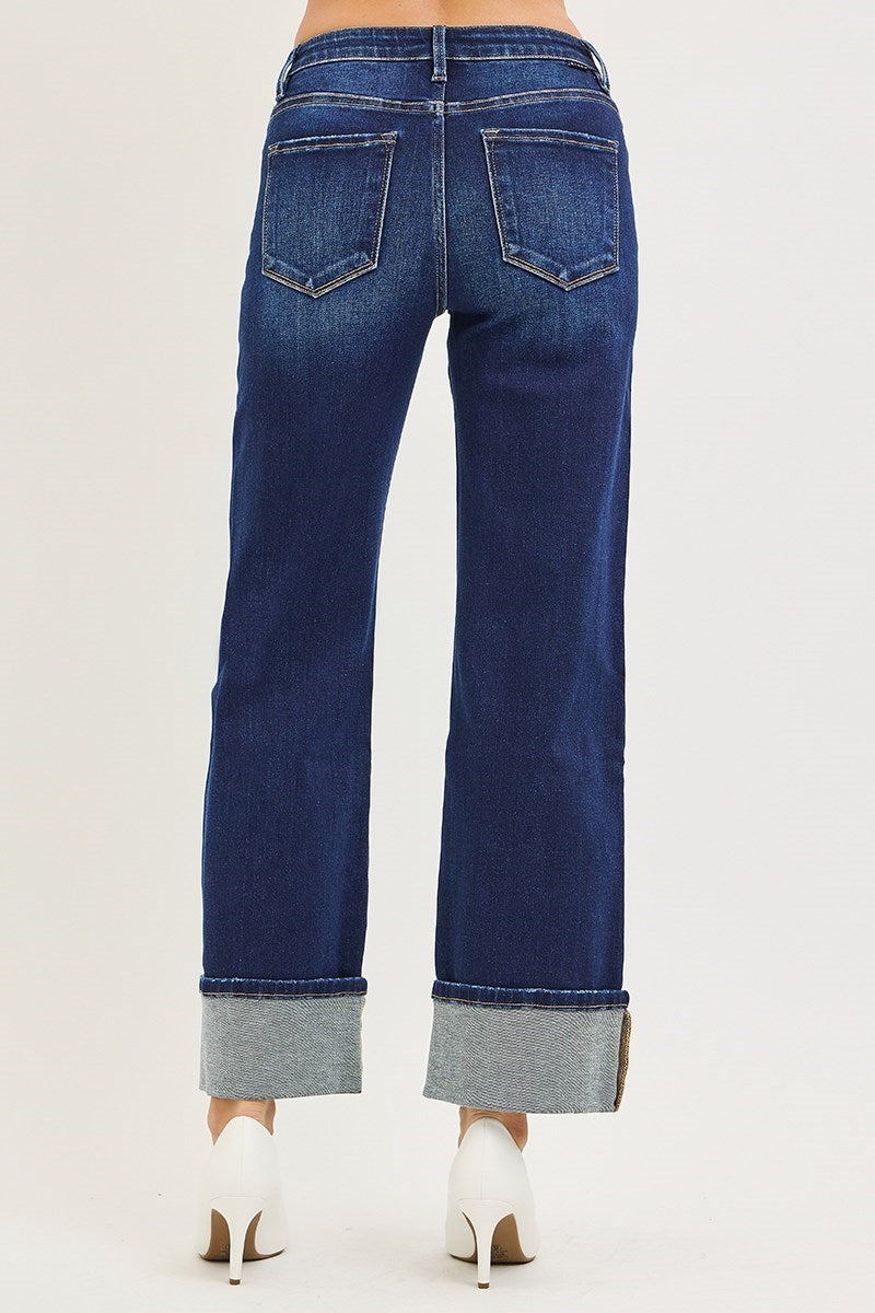 Risen Mid Rise Ankle Straight Jeans with Cuffed Hem