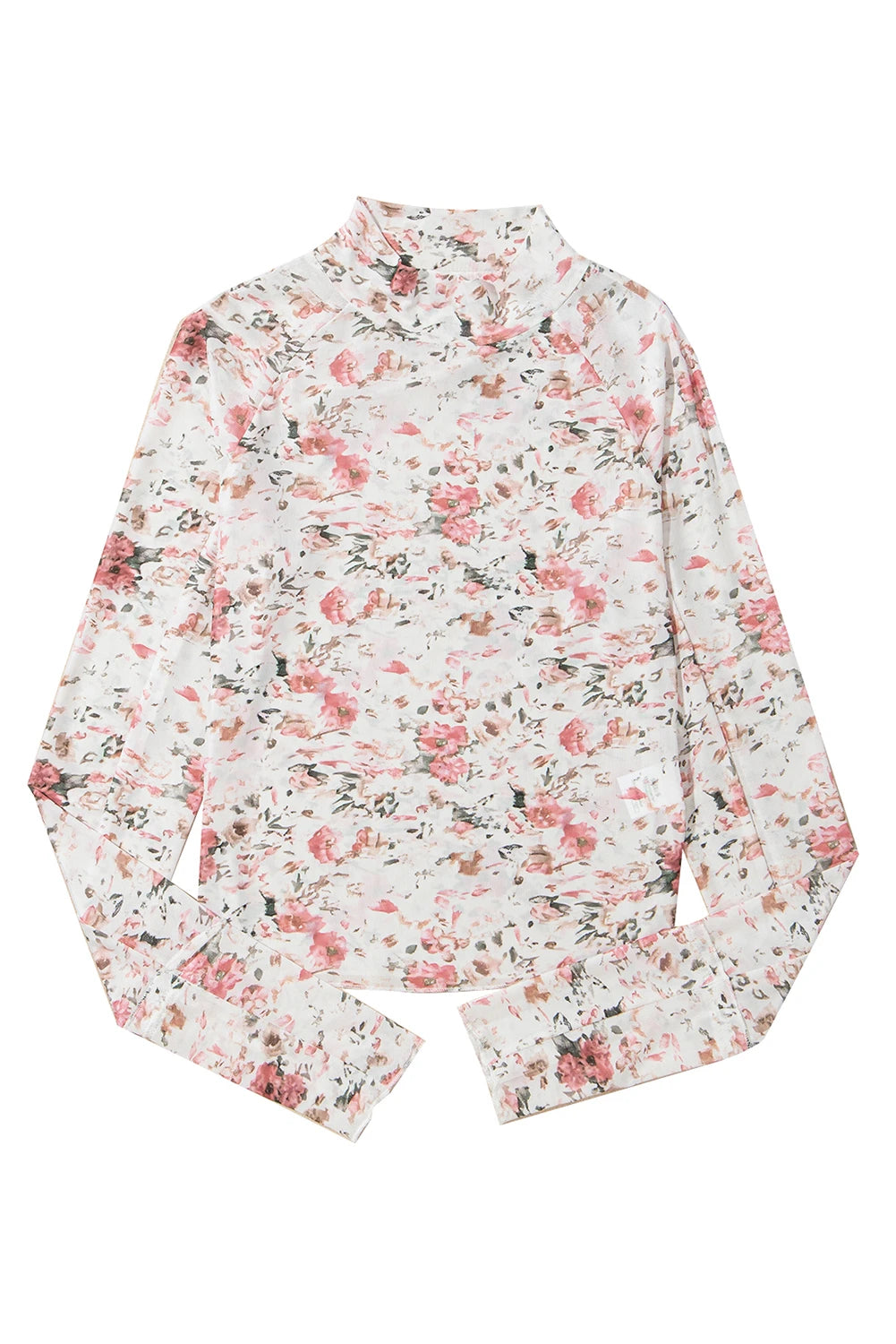 White Floral Mesh Long Sleeve Mock Neck, Semi Crop
