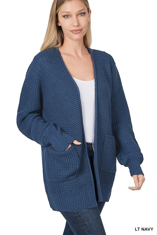 Waffle Knit Cardigan Sweater in Navy