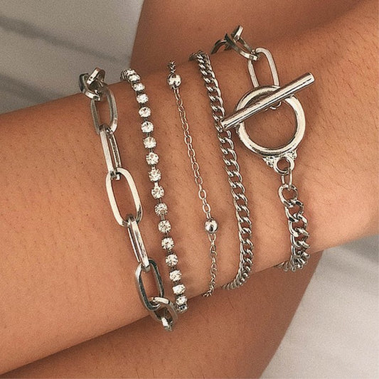 Layered Metal Paperclip Chain Bracelet Set in Silver