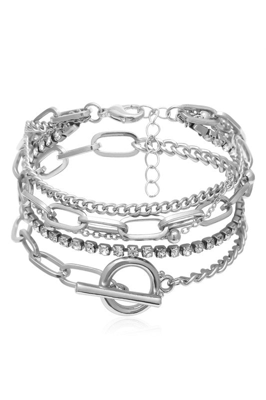 Layered Metal Paperclip Chain Bracelet Set in Silver