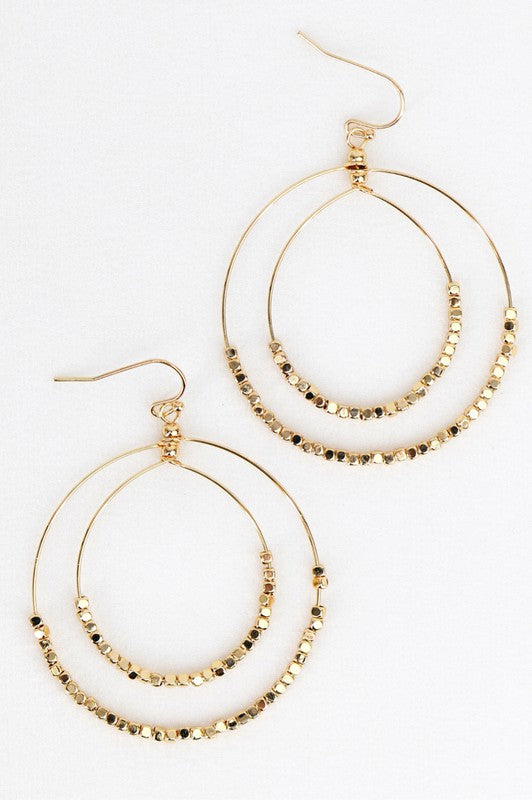 Gold Beaded Double Circle Drop Earrings