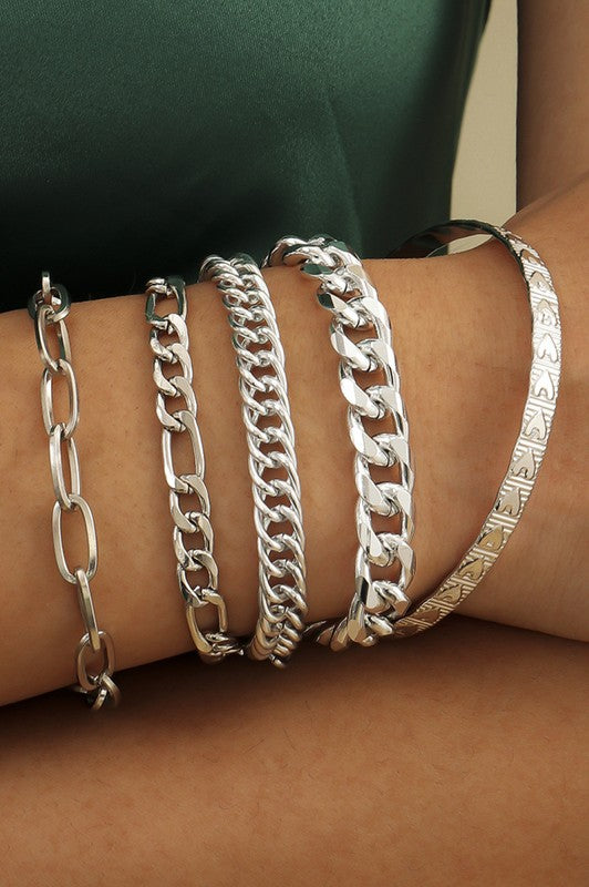Silver Stacking Chain Link Bracelet Set