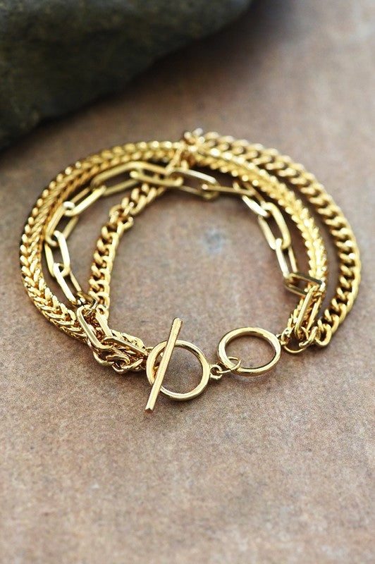 Layered Metal Paperclip Chain Bracelet Set in Gold