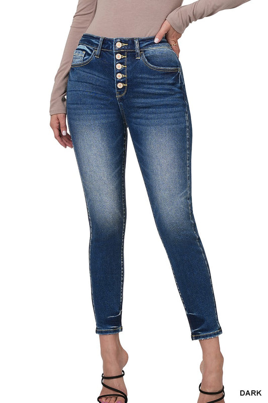 High Rise Button Fly Ankle Skinny Denim