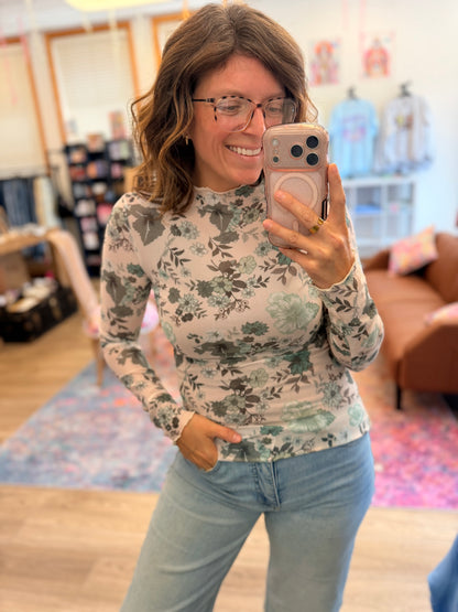 Green Floral Mesh Long Sleeve