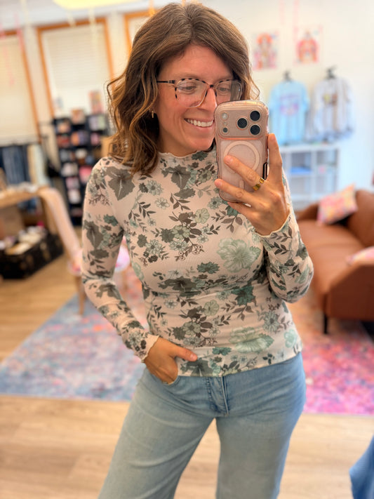 Green Floral Mesh Long Sleeve