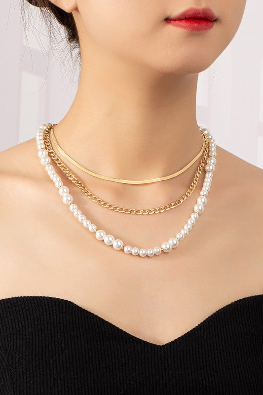 Herringbone and Pearl Layer Necklace