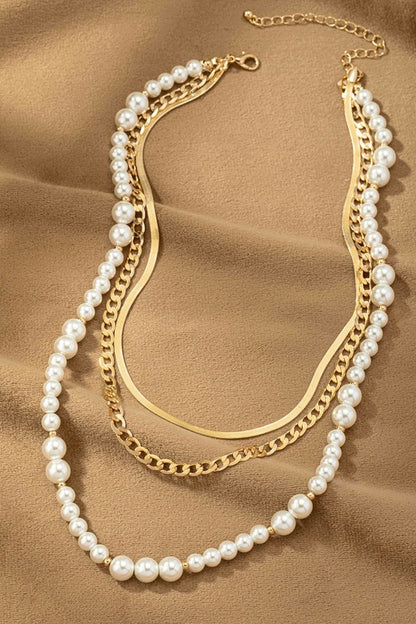 Herringbone and Pearl Layer Necklace