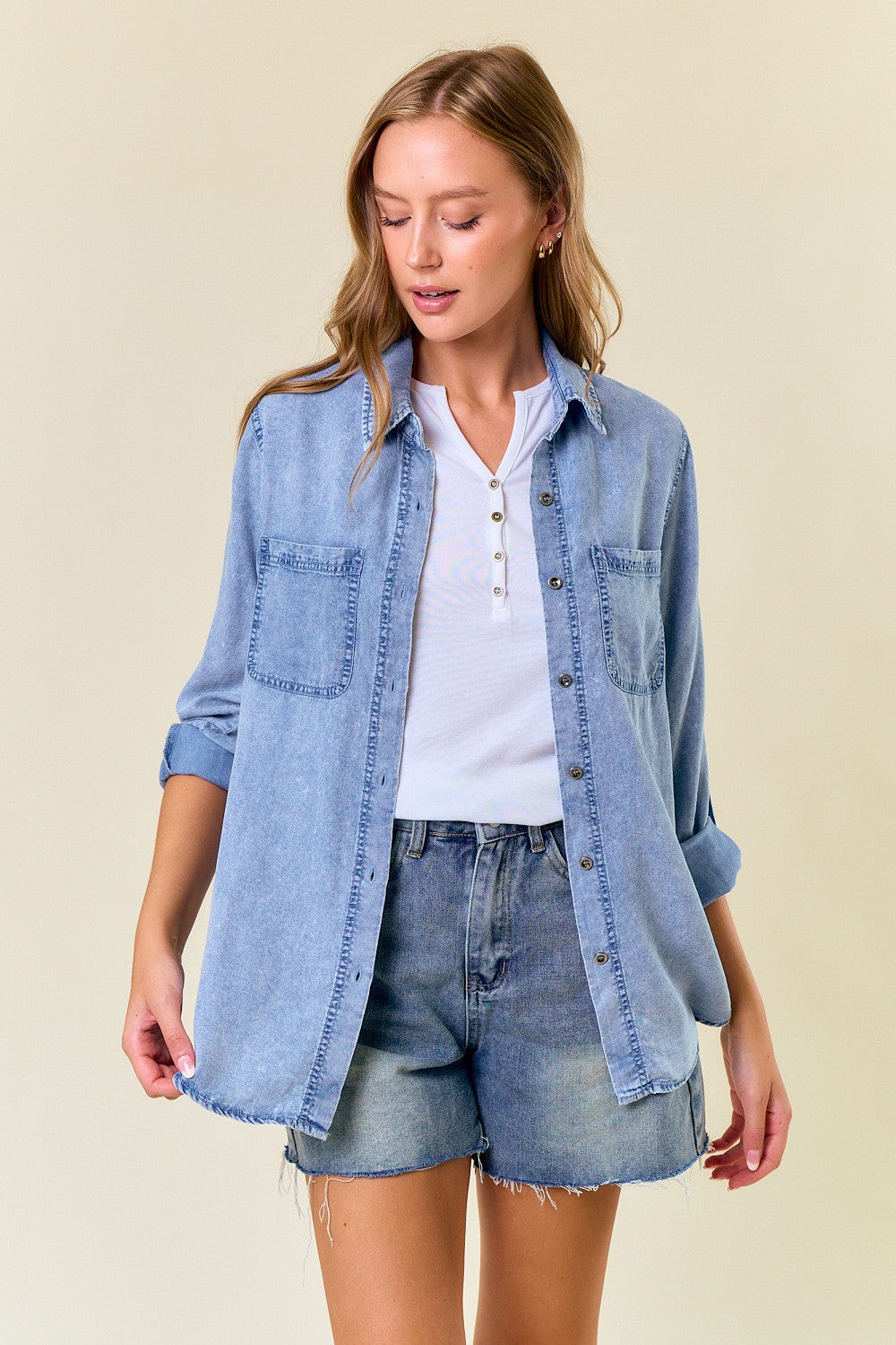 Chambray Roll-Tab Button-Down Shirt