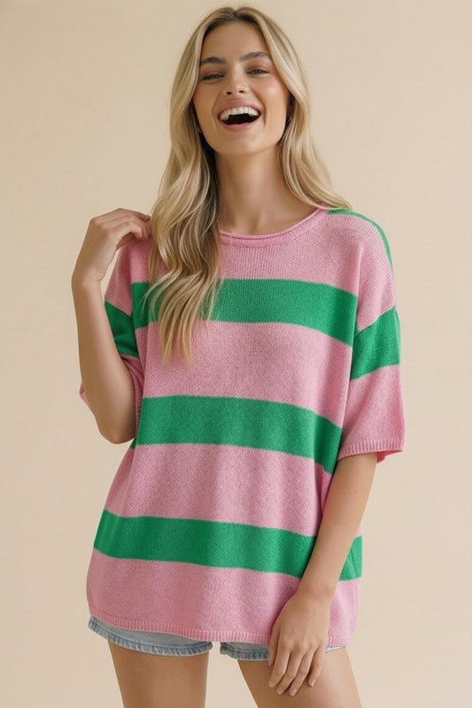 Pink & Green Stripe Oversized Knit Tee