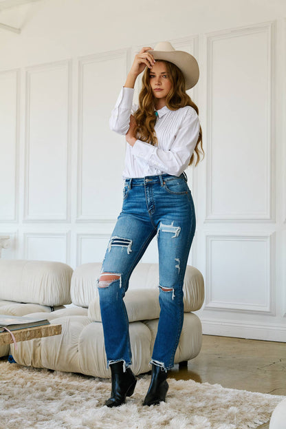High Rise Mesh Tummy Control Straight Jeans