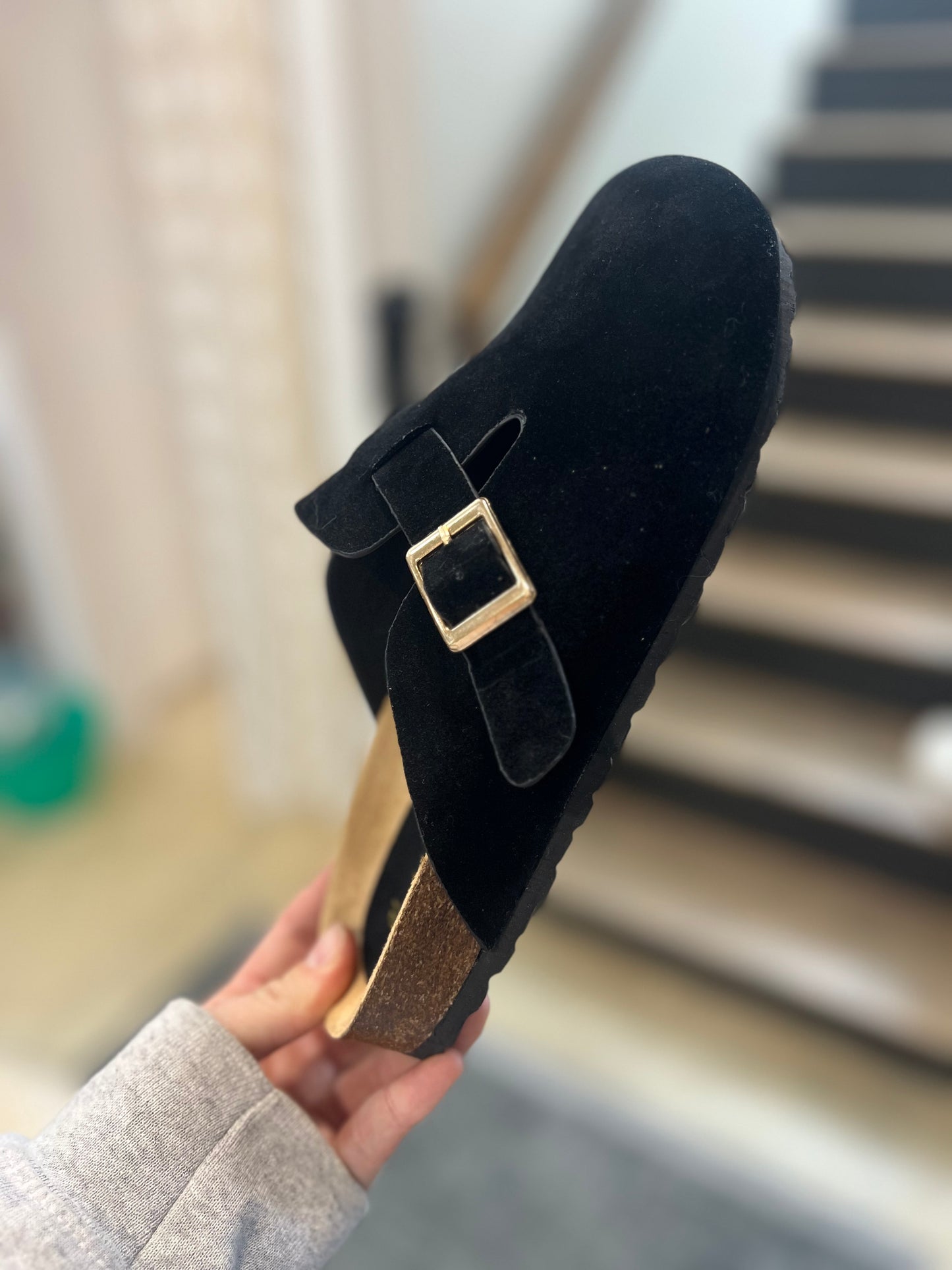 Suede Buckle Clog-Black