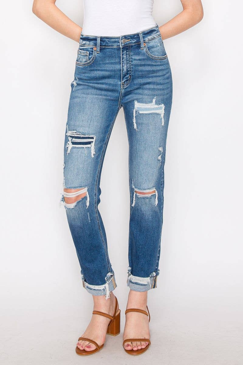 High Rise Mesh Tummy Control Straight Jeans