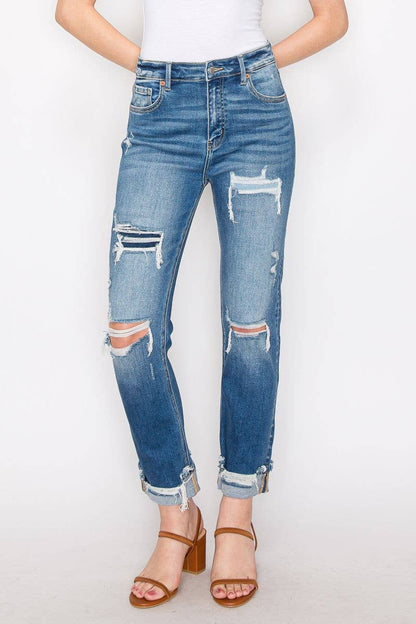 High Rise Mesh Tummy Control Straight Jeans