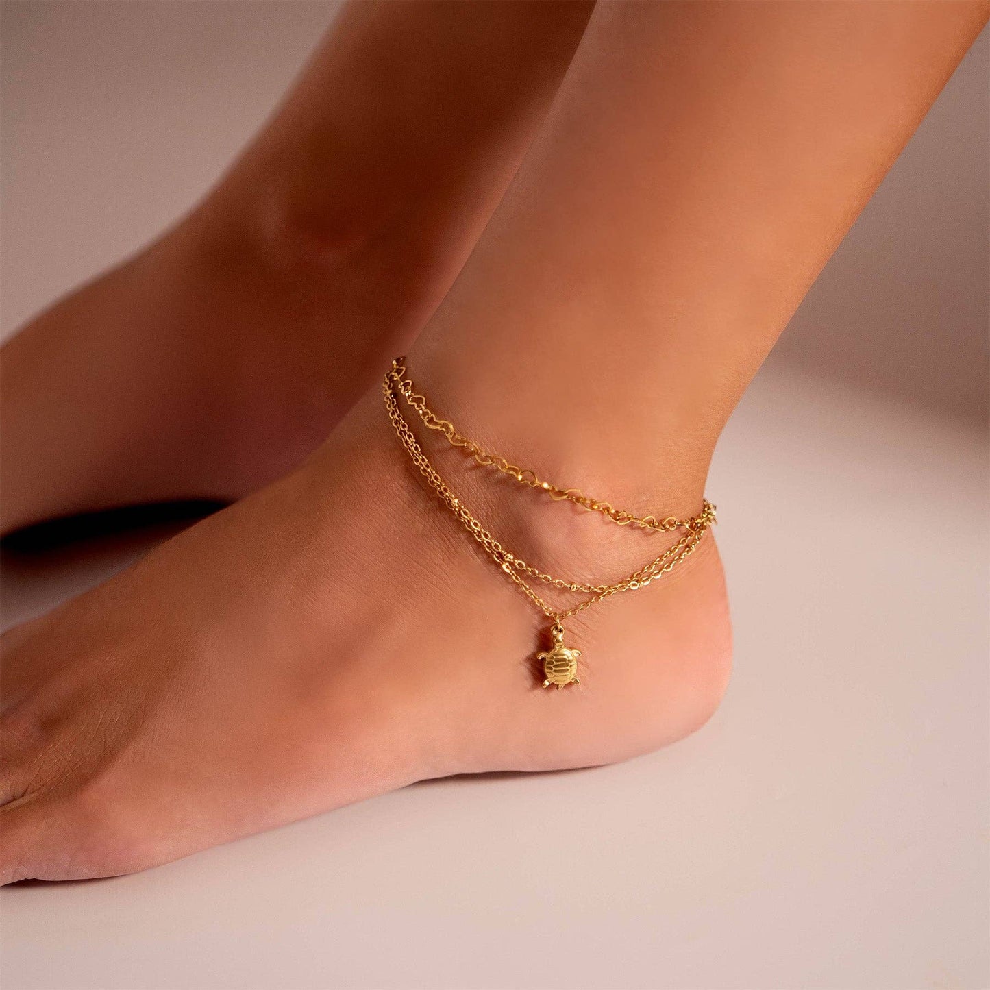 18K Gold Stainless Steel Linked Hearts Anklet
