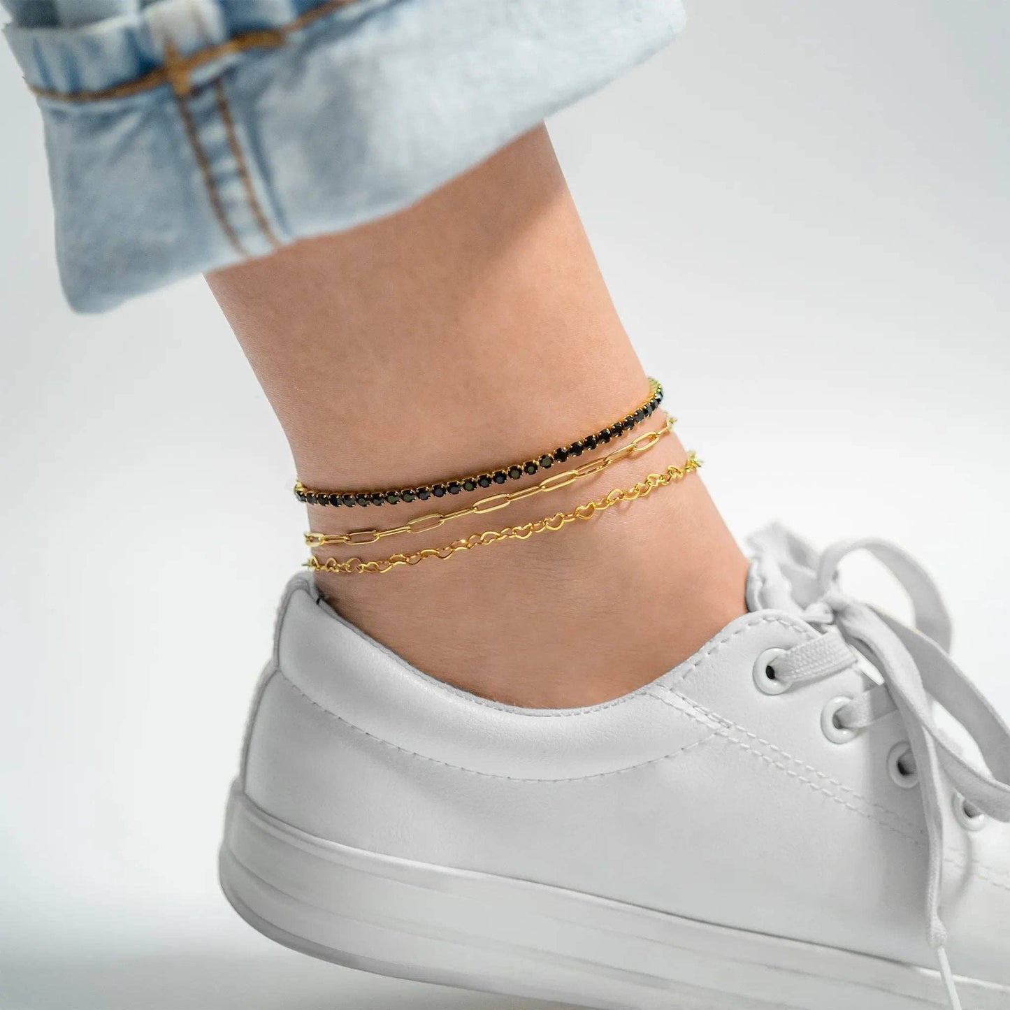18K Gold Stainless Steel Linked Hearts Anklet
