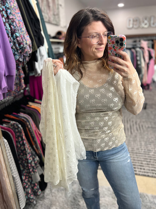 Bow Lace Mock Neck Long Sleeve