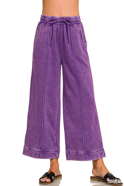 Acid Wash Fleece Pintuck Cropped Pant