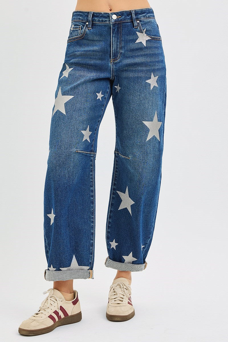 Risen Mid Rise Ankle Barrel Star Jeans