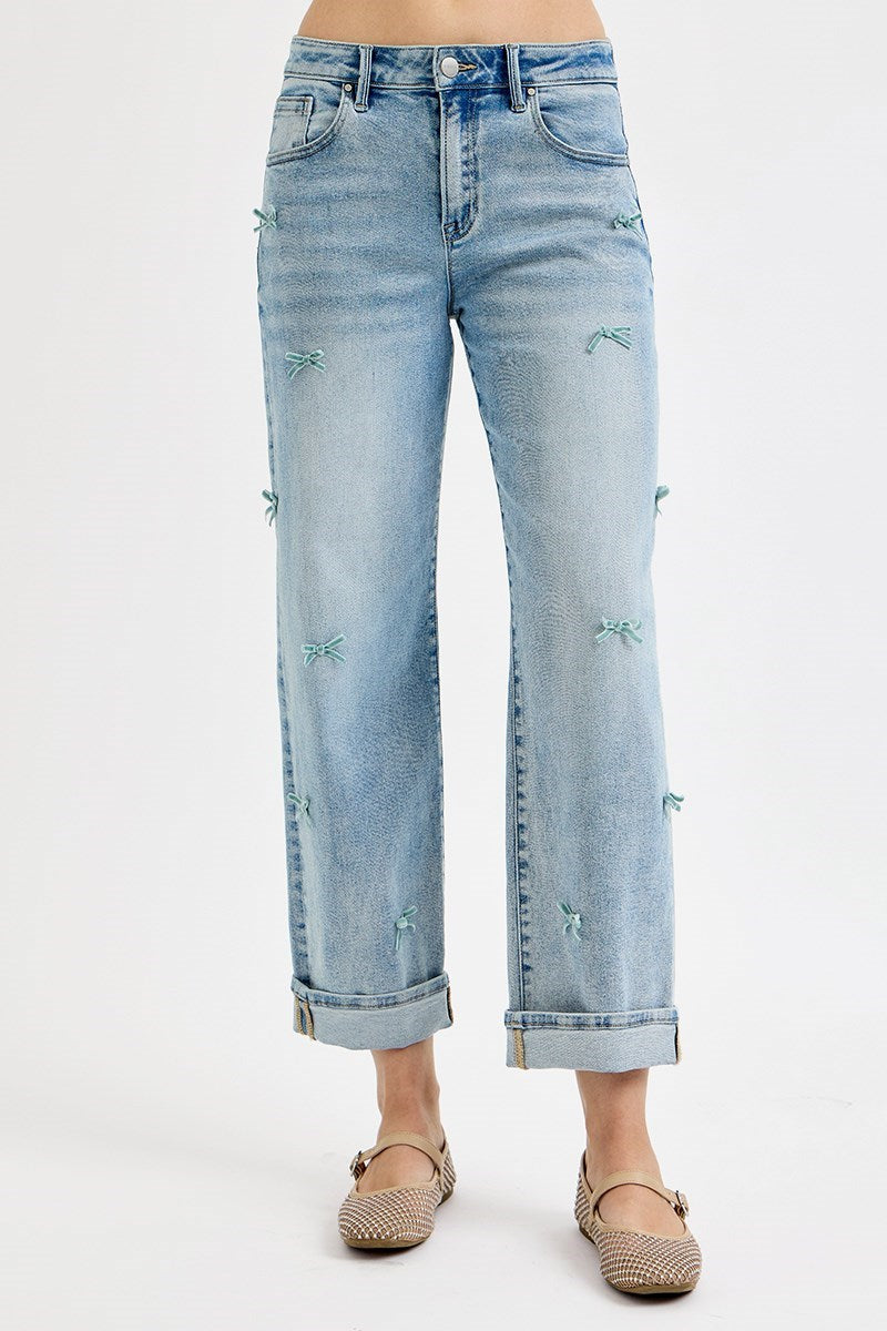 Risen High Rise Crop Barrel Ribbon Detail Jeans