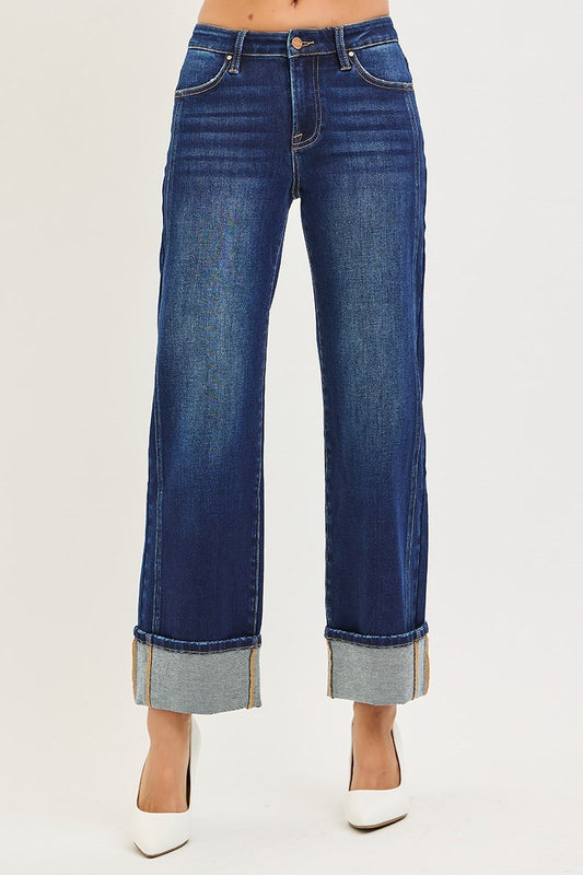 Risen Mid Rise Ankle Straight Jeans with Cuffed Hem
