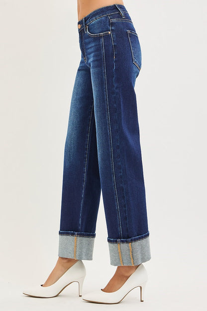 Risen Mid Rise Ankle Straight Jeans with Cuffed Hem