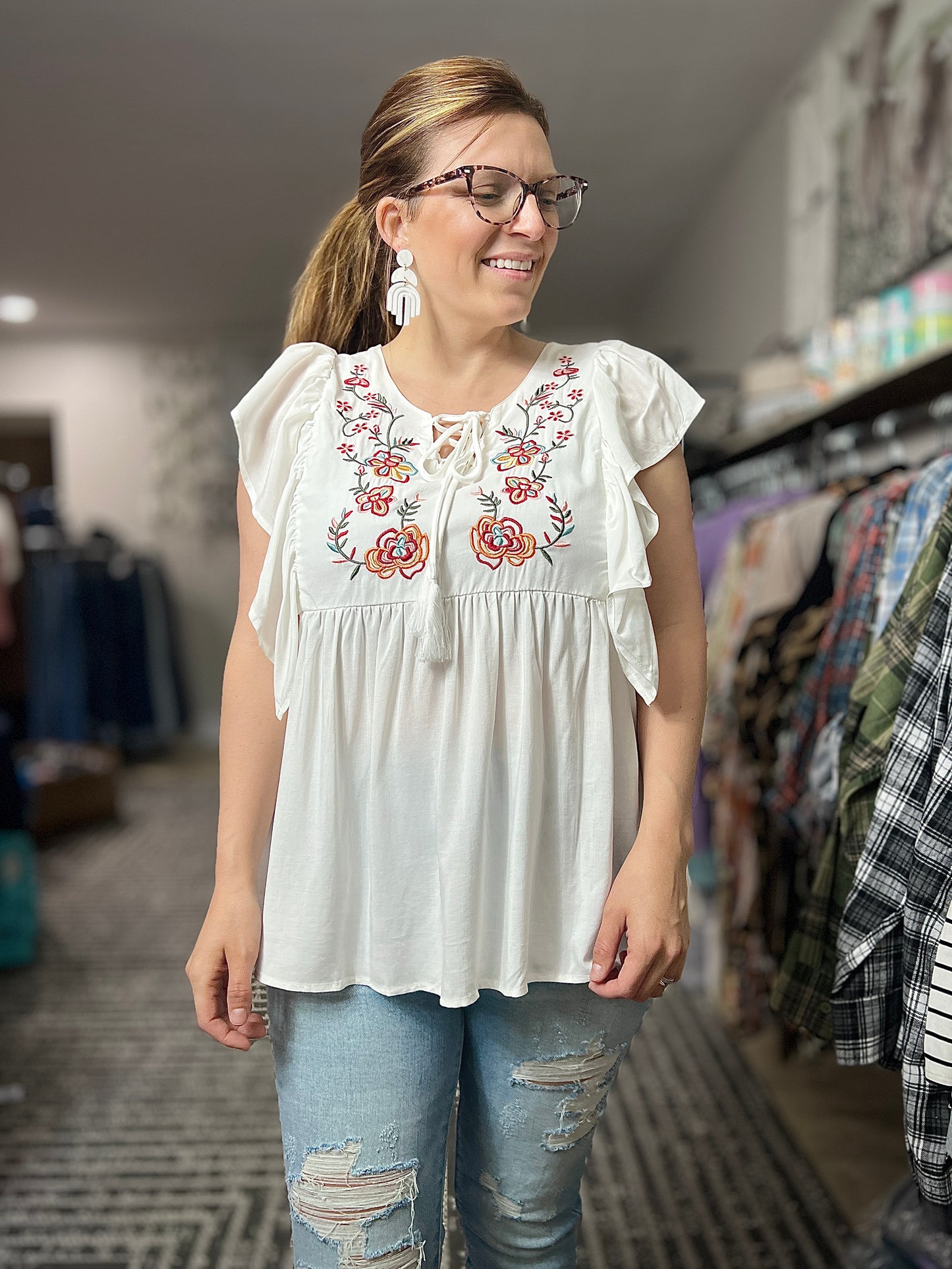 White Floral Lace-up Top