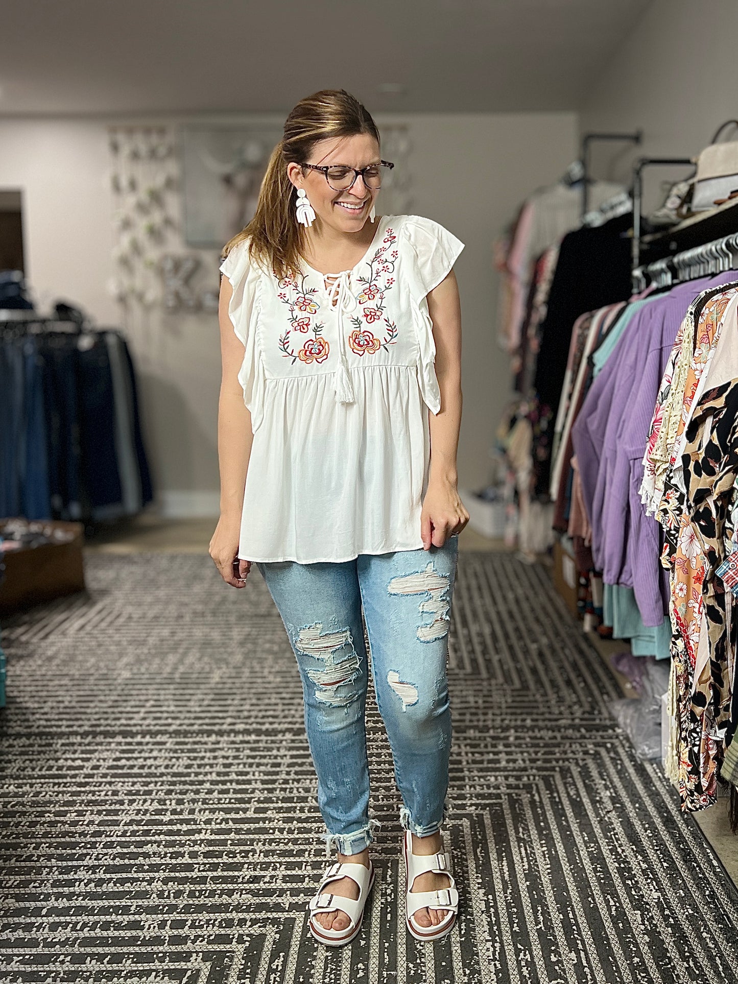 White Floral Lace-up Top