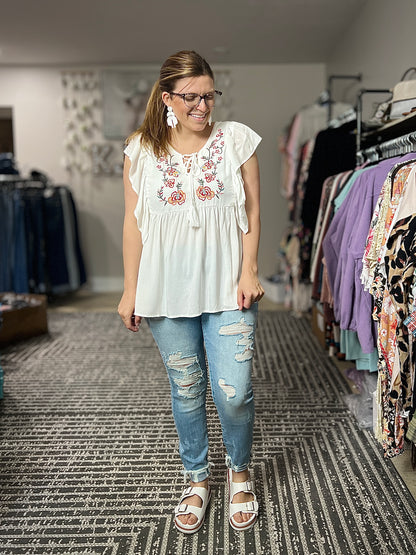 White Floral Lace-up Top