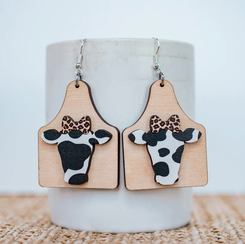 Leopard Bow Cow Tag Dangle Earrings